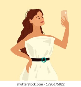 Cute woman wearied in white pillow dress with phone to make selfie for crazy Pillow Challenge. Quarantine time. Coronavirus isolation. Stay home. Modern flat vector illustration.