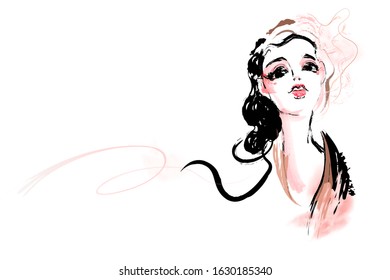 Cute woman wearing fascinator hat in paint stroke style