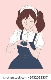 Cute woman wearing maid costume for cosplay event, working at maid cafe, making heart shape with hands. Hand drawn flat cartoon character vector illustration.