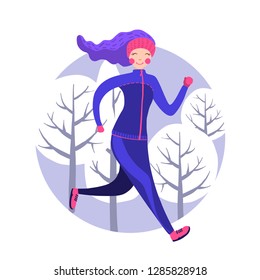 Cute woman in winter gear running outside in snow-covered park. Vector illustration. Girl running winter marathon. Healthy lifestyle.