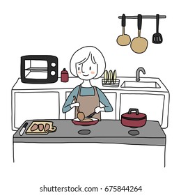 Cute woman wore apron cooking in her kitchen. Happy woman standing by the stove and frying food. Vector illustration with hand-drawn style.