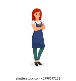 Cute woman worker wearing an apron uniform vector illustration. Cartoon woman character. Flat style employee of the supermarket, bakery, flower shop etc.