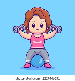 Cute Woman Workout With Dumbell And Fitness Ball Cartoon Vector Icon Illustration. People Sport Icon Concept Isolated Premium Vector. Flat Cartoon Style