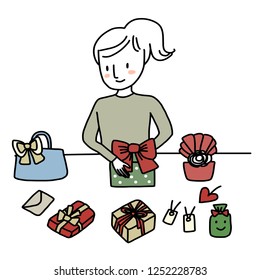 Cute woman wrapping several gift boxes for festive holidays cheerfully. Gift boxes and gift bags wrapped with beautiful papers, tags and tied bows included. Vector illustration with hand-drawn style.