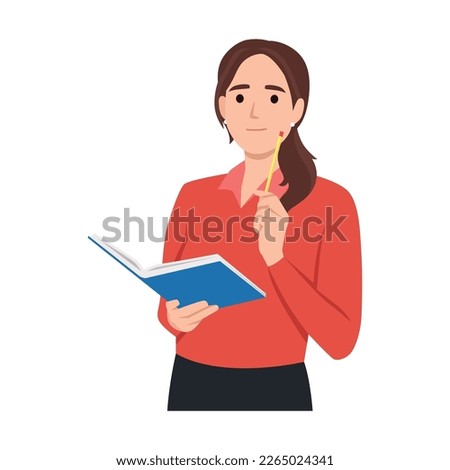 Cute woman writes some notes in notepad. Young student girl is thoughtful with pencil in hand on yellow background. Flat style vector design illustrations.