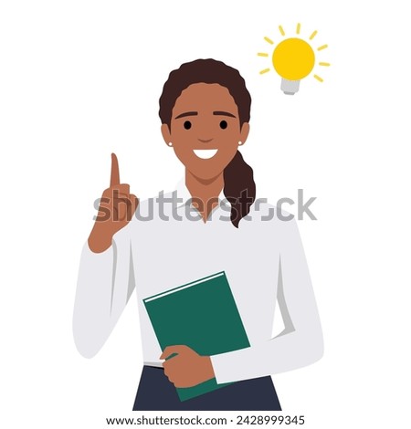 Cute woman writes some notes in notepad. Young student girl is thoughtful with pencil in hand on yellow background. Flat vector illustration isolated on white background