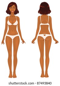 Cute woman's body front and back. Picture demonstrates female body proportions. Beautiful dark skin young female.