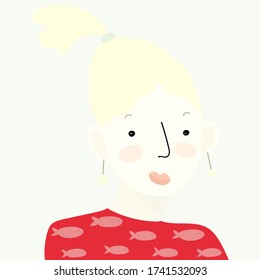 Cute  woman's portrait   on the blue background in hand drawn style. Blond woman in red sweater with fishe's print.  Vector illustration. Cute childish  portrait.
