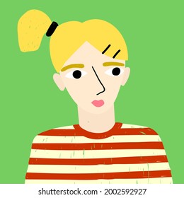 Cute woman's portrait on green background. Blondie hair's woman's face. Vector illustration in hand drawn style. Cute childish portrait.