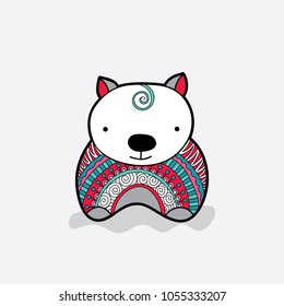Cute wombat with a multi-coloured red and green patterned jumper vector illustration on a pale background.