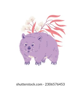 Wombat lindo con plantas y flores, ilustración de vector plano dibujada a mano aislada en fondo blanco. Un divertido animal australiano, genial para los diseños de los niños.