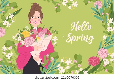 Cute women with bouquet of spring flowers banner with text Hello Spring. Happy Women's Day March 8  Floral card or posters vector flat illustration
