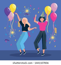 cute women dancing with balloons and confetti