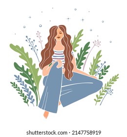 Cute women with dark wavy long hair in blue flared jeans and striped t-shirt sitting among the greenery in garden, in woods, in nature. Enjoying nature. Isolated on white. Vector illustration.