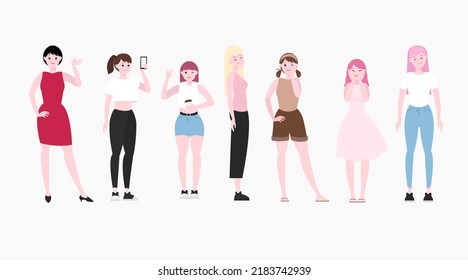 Cute women different poses, flat cartoon illustration of girls friendship. Fashion modern outfit, sport concept, office lady, walk with coffee, talking by phone, casual look. 