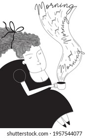 Cute women drink coffee or tea in the morning.Hand drawn doodle Vector illustration. Thinking, meditating concept. Coffee poster. Morning poster. Cafe poster. Kitchen poster.