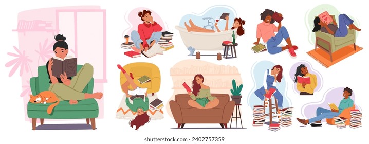 Cute Women Engrossed In Reading Books, Characters Captivated By Stories Within The Pages, Eyes Sparkling With Curiosity And Imagination Whisked Away To New Worlds. Cartoon People Vector Illustration