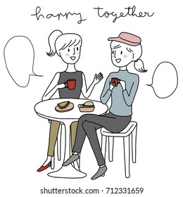 Cute women enjoying their free time together drinking coffee and talking to each other. Vector illustration with hand-drawn style.