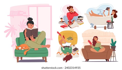 Cute Women Indulge In The Joy Of Reading, Eyes Glued To The Pages, A Contented Smile On Face As they Immerse themselves In The Captivating Worlds Woven By Words. Cartoon People Vector Illustration