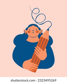 Cute women with a large pencil. Young person holding pencil. Cartoon character in flat style. Drawing, writing, creating, design, blogging, working concept. Hand drawn illustration.
