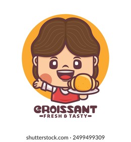cute women mascot logo with croissant, cartoon illustrations for culinary businesses, brand logos, stickers, cartoon identities, stickers, icons, etc.