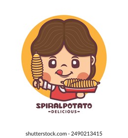 cute women mascot logo with spiral potato, cartoon illustrations for culinary businesses, brand logos, stickers, cartoon identities, stickers, icons, etc.