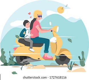 Cute women riding on a yellow scooter with her Son. Mother dropping her son to school. Vector illustration of a Mother picking her son from school.