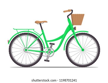 Cute women s bike with a low frame and basket in front. Vintage bicycle. Vector illustration in flat style