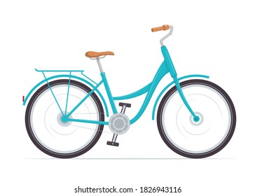 Cute women s bike with a low frame. Vintage blue bicycle. Vector illustration in flat style