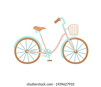 Cute women s bike with a low frame and basket in front. Vintage bicycle. Vector illustration in hand drawn style.