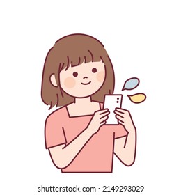 Cute women are sending and receiving messages on a smartphone. outline simple vector illustration.