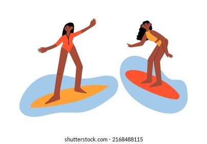Cute women surfing in the sea. Girl in swimsuit on the surfboard. Summer vector illustration. Diversity equality concept. 
