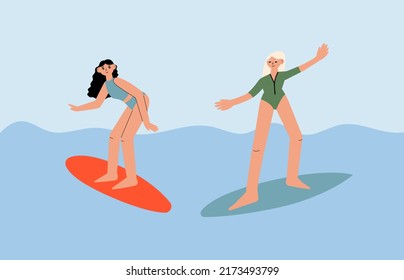 Cute women surfing in the sea. Girl in swimsuit on the surfboard. Summer vector illustration