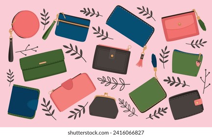 Cute women wallets vector collection fashion icon. Illustration of finance purse design, leather bag fashion for female, modern pocket object or accessory