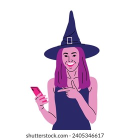 CUTE WOMEN WEARING WITCH COSTUME IS SMILING AND HOLDING A SMART PHONE