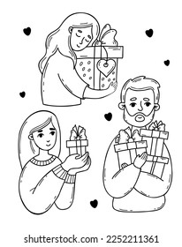 Cute womens and bearded man with gifts and holiday boxes. Vector illustration. Isolated outline drawings of doodle. character for design holiday themes, valentines day, sales and shopping