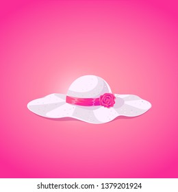 Cute women's summer hat. White hat with pink decoration in cartoon style. Vector illustration.