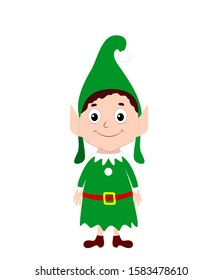 A cute and wonderful Christmas elf in a green suit is standing straight and smiling. Vector stock illustration of cartoon character for festive website design, social networks on a white background.