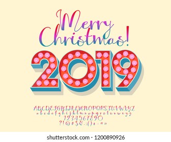 Cute wonderful greeting card with vintage congratulation Merry Christmas 2019 for Children. Vector colorful set of Alphabet Letters, Numbers and Punctuation Symbols. Gradient Calligraphic Font.