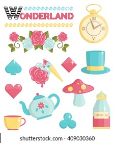 Cute wonderland magic dream illustrations set. Holiday and event decorations, design elements. Roses, potion, cards and other elements