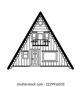 Cabaña de madera de color blanco aislada en un fondo blanco. Ilustración de la estación vectorial de contorno negro
