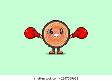 Cute Wood trunk mascot cartoon playing sport with boxing gloves and cute stylish design