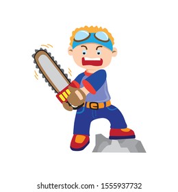 cute wood worker cartoon holding  saw