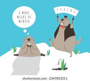 Cute woodchucks celebrating groundhog day, greeting card, cartoon flat vector illustration. Funny groundhog emerging from burrow in spring. Weather prediction concept.