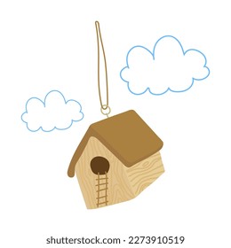 Cute wooden bird feeder or a house hanging in the air. Vector illustration.