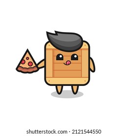 cute wooden box cartoon eating pizza , cute style design for t shirt, sticker, logo element