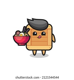 cute wooden box character eating noodles , cute style design for t shirt, sticker, logo element