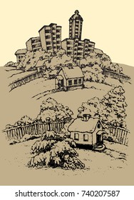 Cute wooden chalet edifice isolated on light backdrop. Freehand outline black ink hand drawn picture sketchy in art retro doodle graphic style. Scenic view with space for text on yellow evening sky