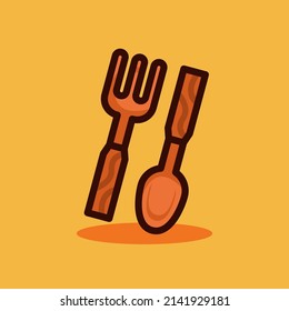 Cute wooden fork and spoon cartoon vector icon illustration 