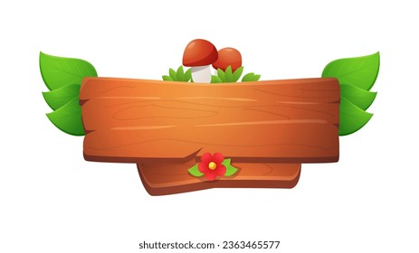 Cute wooden frame decorated with red mushrooms, flower and leaves. Rank board, evolution level mockup border. Vector cartoon isolated fantasy game trophy button for childish interface ui ux game.